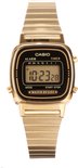 Goudkleurig Casio dameshorloge met zwart digitaal display en metalen band.