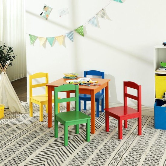 Decopatent® Kindertafel met stoeltjes van hout 1 tafel en 4