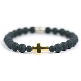 Bracelet homme or acier inoxydable croix pierre gemme onyx mat - IbizaHomme -21cm