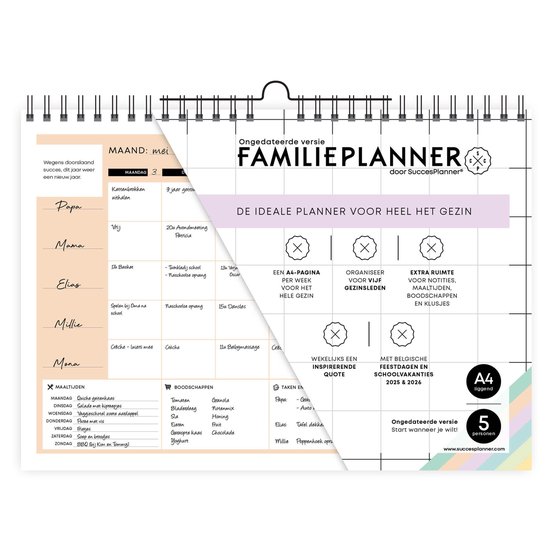 Agenda familial non daté (sans dates) - calendrier mural pour 5 personnes - pour toute la famille - citations amusantes - planificateur de repas