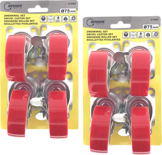 Set de roulettes avec freins 8x rouge - 75mm - Roulettes - Roues de transport - Roues de transport
