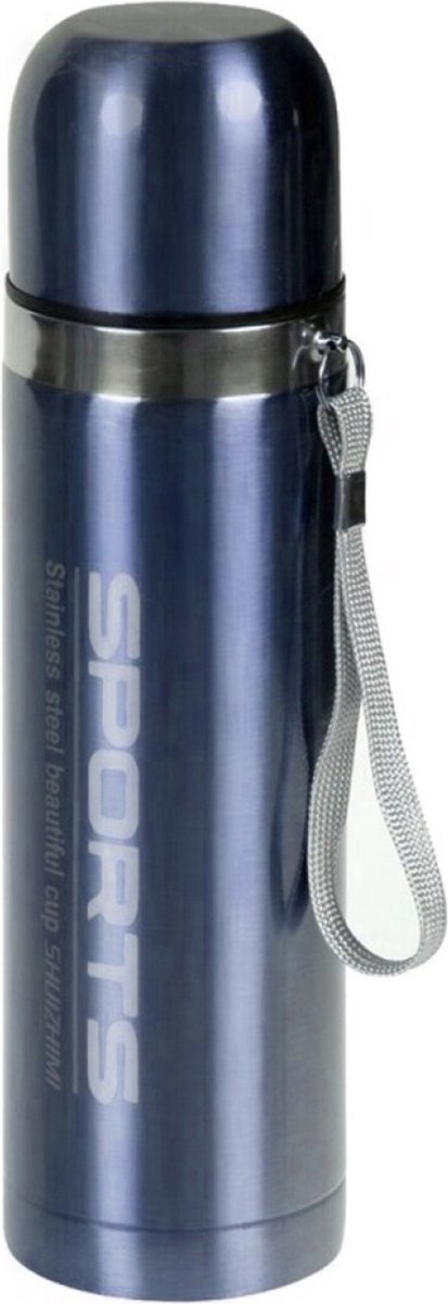 Thermosfles Metallic - RVS - isoleerfles - blauw - 500 ml - Thermoflessen - met draaglus