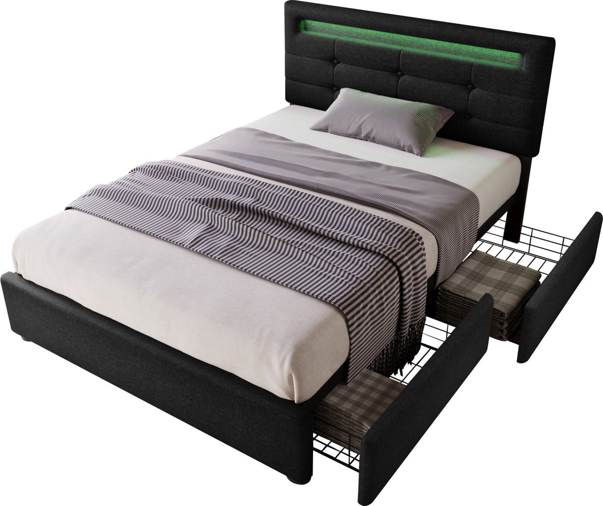 Merax Gestoffeerd Bed 90x200 cm - Bed met LED Verlichting en 2 Schubladen - Verstelbaar Hoofdeinde - Zwart Linnen