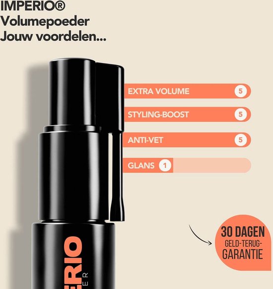 Flesje IMPERIO volumepoeder met de voordelen: extra volume, styling boost, anti-vet en glans. Met 30 dagen geld-terug-garantie.