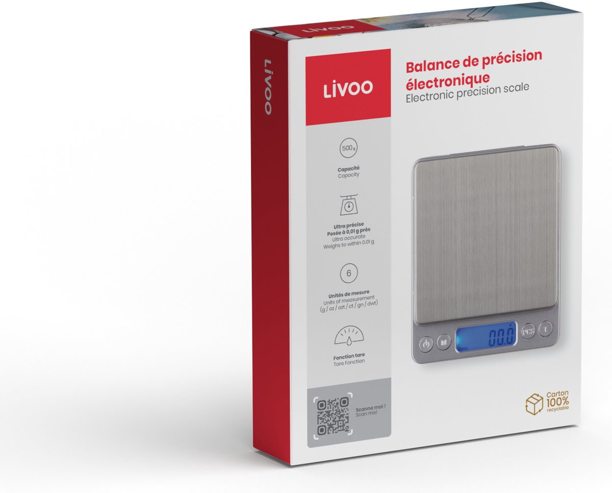 Elektronische precisieweegschaal - LIVOO - DOM474 - RVS schaal - Max. 500 g - 6 meeteenheden - LCD-scherm