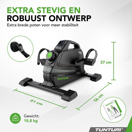 Zwarte, stevige hometrainer met afmetingen 51x56x37 cm en gewicht 10,8 kg. Inclusief handvat, verstelbare voetriemen en instructieboekje.