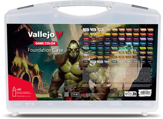 Valise transparente illustrant un orque et 80 flacons de peinture Vallejo Game Color Foundation de 18 ml.