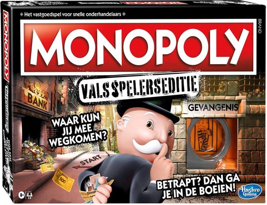 Monopoly Valsspelers Editie bordspel met Mr. Monopoly voor de gevangenis en bank.