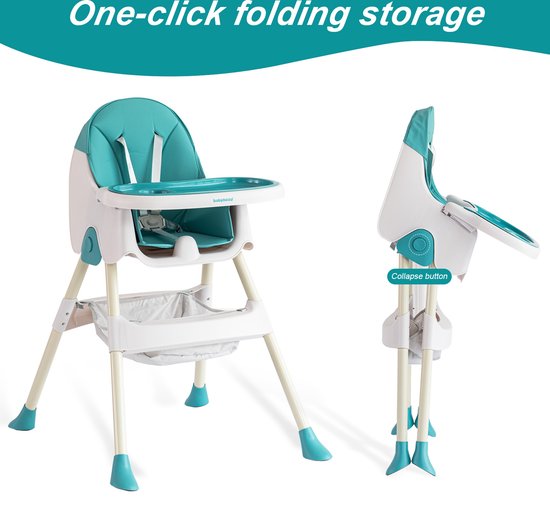 OFMOTRA Kinderstoel 3 in 1 - Inklapbare Eetstoel - Kinderzetel - met opbergmand - Verstelbaar Baby Stoel - Peuterstoel - 5-punts Gordel - Uitneembaar lederen kussen - Meegroei Stoel - Blauw van OFMOTRA — afbeelding 4
