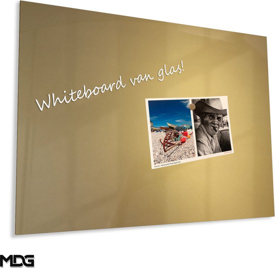 Foto: Designglas glazen whiteboard gehard glas magneetbord memobord magnetisch krasbestendig frameless 90x60cm goud