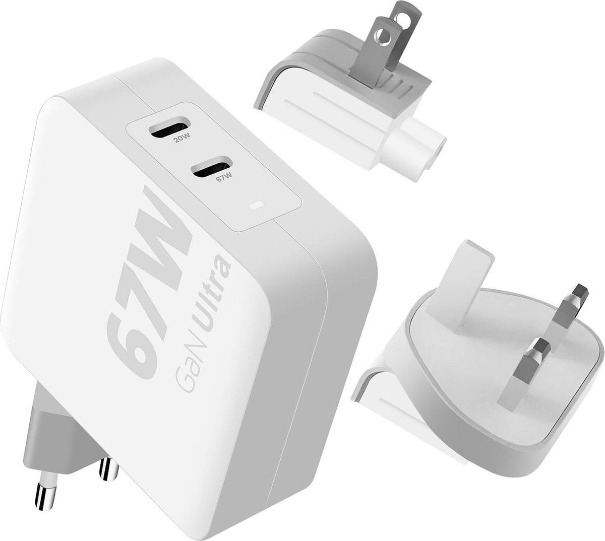 Xtorm 67W Reisstekker / Wereldstekker - GaN-Ultra Travel Charger + 20W USB-C PD Kabel - 2x USB-C poort - Internationale Stekkers - GRS Materiaal - Wit