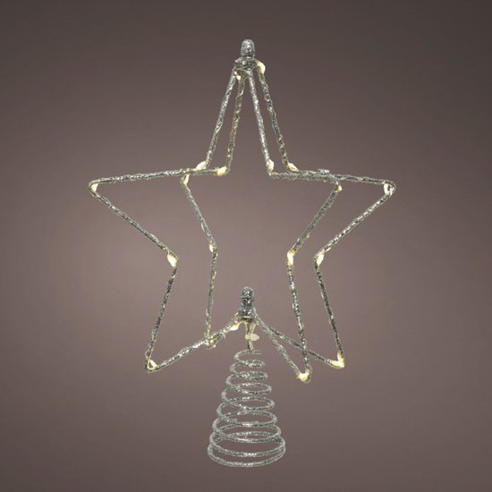 Zilverkleurige kerstboom piek met ster design en 20 LED lampjes, op een spiraalstandaard.