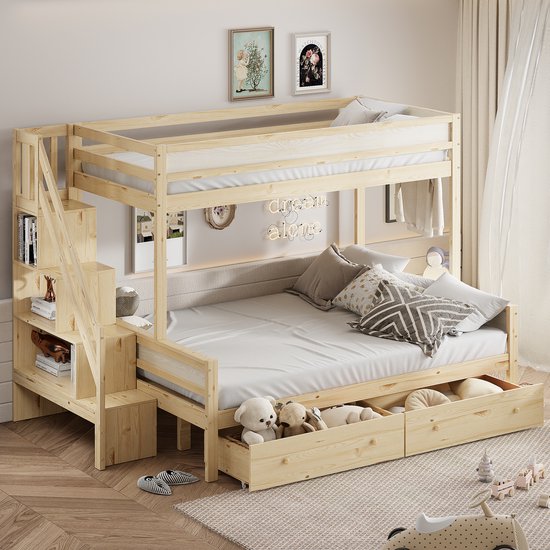 Massief houten tussenbed 90 x 200 cm met opbergkast - veiligheidstrap