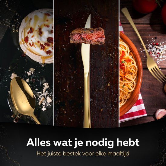 Gouden bestek met desserts, steak en pasta. "Alles wat je nodig hebt" en "Het juiste bestek voor elke maaltijd".