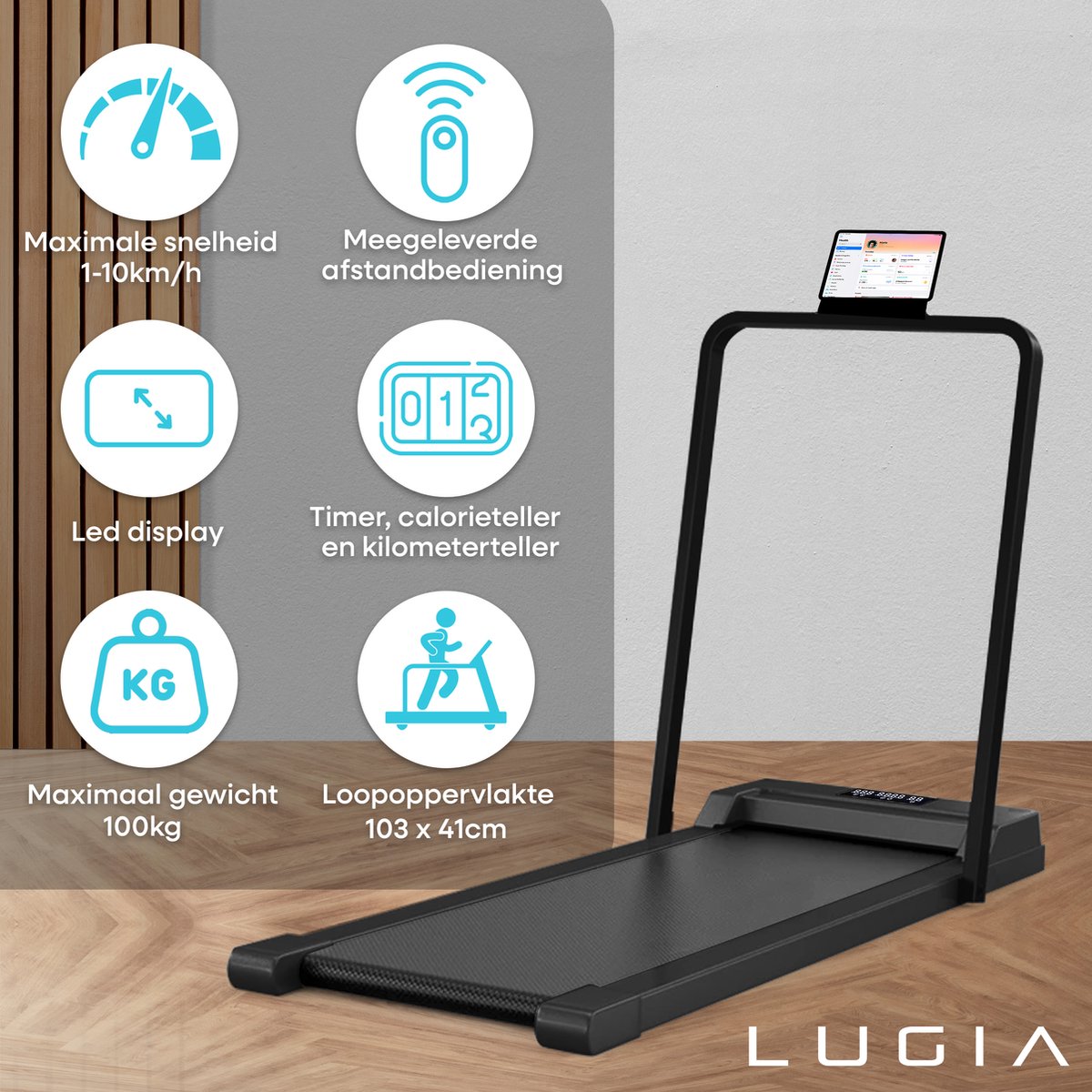 Afbeelding 3 van Lugia Fit Plus Loopband - 1-10km/u - Inklapbaar - Wandelband - Led Display en Afstandsbediening - Walking Pad - Treadmill - Opvouwbare Loopband