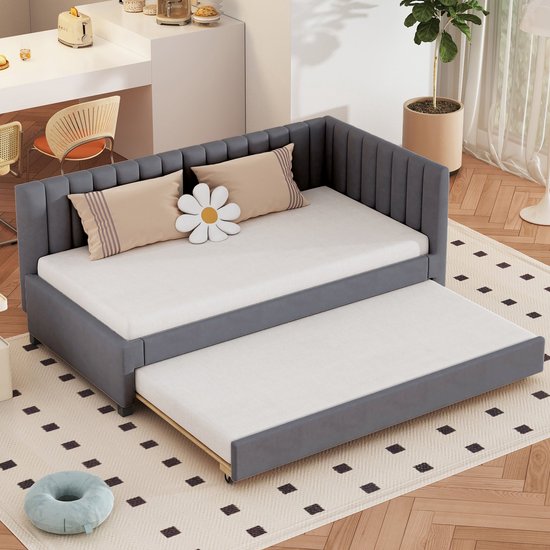 Merax Polsterbett 90*200, Ausziehbares Schlafsofa, Multifunktionsbett mit Lattenrost, Jugendbetten Kinderbetten Gästebetten, Samtstoff Grau