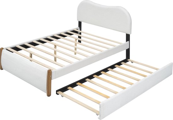 Lit rembourré Merax 140x200 cm avec lit à roulettes extractible - Design minimaliste - Wit - MDF et Tissus doux - Sommier à lattes inclus