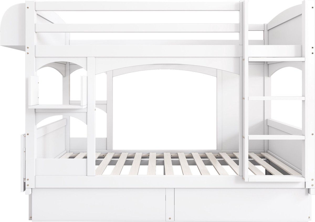 Merax Kinder Hoogslaper met Bureau, 2 Lades en Ladder - Multifunctioneel Kinderbed van Massief Hout - Wit - 90 x 200 cm