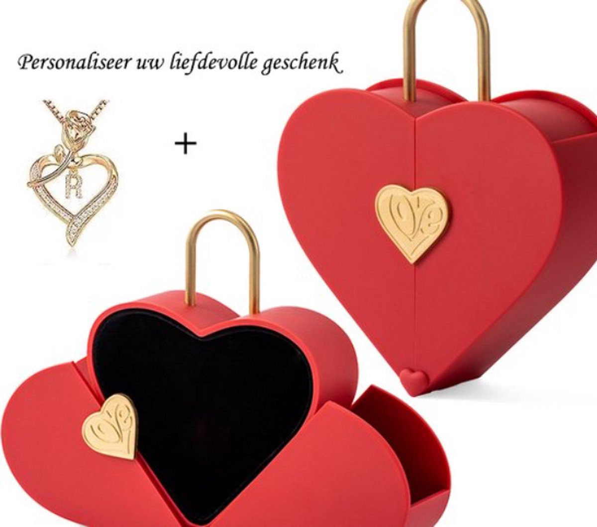 Elegante Hartvormige Geschenkdoos Rood + Luxe Ketting Letter R - Harten Doos + Sieraad - Valentijn Cadeau - Huwelijks Geschenken - Trendy Kerstcadeau In Luxe Harten Box - Liefdesdoos Verjaardag Geschenk - Romantisch Cadeau - Eeuwige Liefde Slot