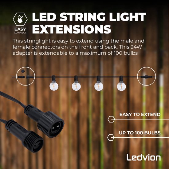 Verbind twee lichtsnoeren met elkaar. Dit 24W model is uitbreidbaar tot 100 lampen.