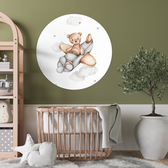 WallCircle® - Papier peint cercle 100x100 cm - Stickers muraux - Avion - Etoiles - Enfants - Cercle mural - Accessoires chambre d'enfant - Décoration chambre bébé - Cercle mural autocollant