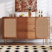 Ladekast met 2 deuren en 3 laden, rotan deur, ladekast met lade, verstelbare plank, voor woonkamer, slaapkamer, walnoot H90/B150/D40 cm