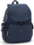 Donkerblauwe Kipling rugzak met aapje-sleutelhanger, zijvakken en vak met rits.