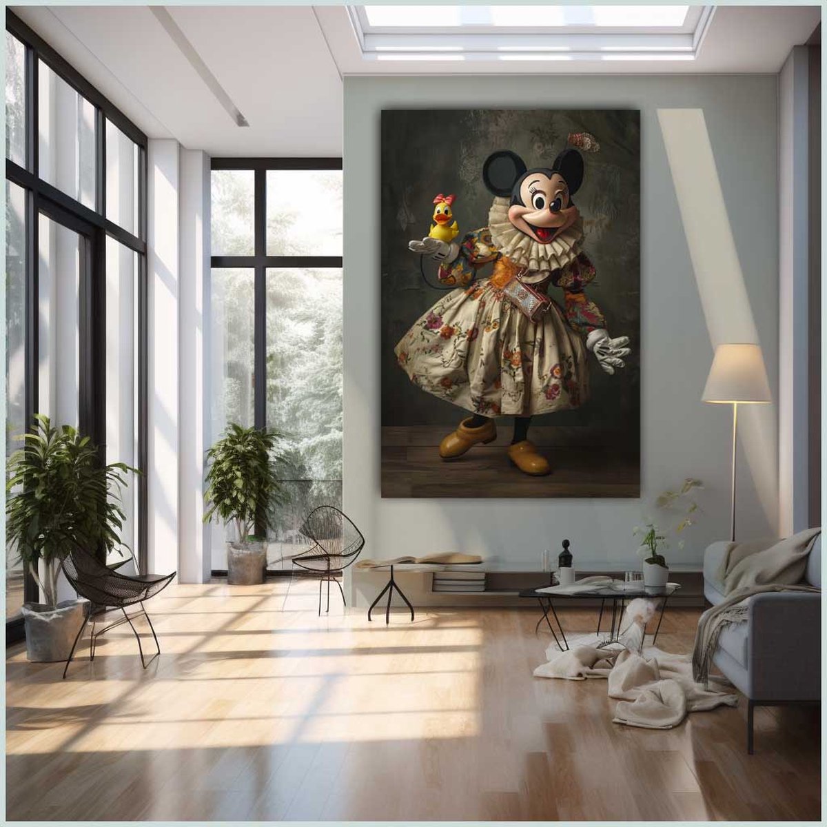 Canvas schilderij - Canvas - Staand - 50 x 70 cm - Portret - Dier - Mickey - Badeend - Dansen - Mickey met badeend - Modern - Wanddecoratie - Muurdecoratie woonkamer - Uniek - Exclusief -Picturetopicture