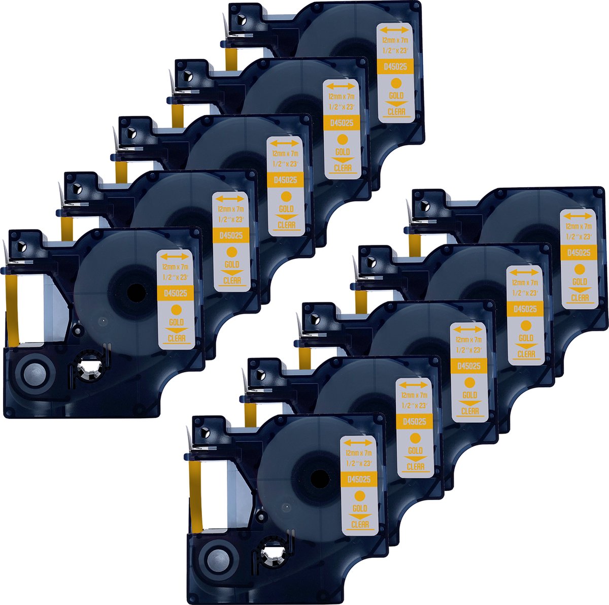 DULA Dymo D1 45025 Compatible label tape - 10 lettertapes - Goud op transparant - 12mm x 7m