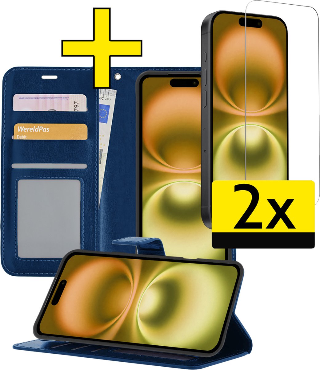 Hoesje - Met 2x Screenprotector - Geschikt voor Apple iPhone 16 - Luxe Pasjeshouder - Bookcase Portemonee - Flip Case - Kunstleer Book Case - Flipcase Hoes - Book Cover - Walletcase - Portemonneehoes - Telefoonhoesjes - Donkerblauw