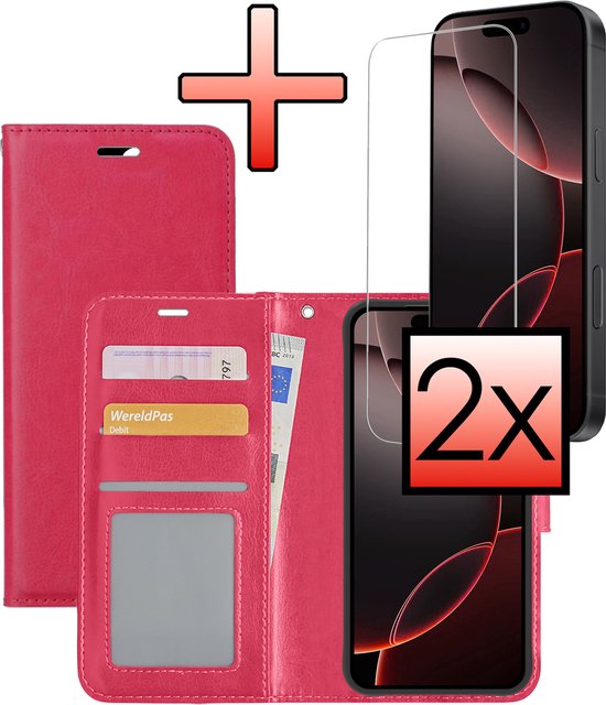 Étui adapté pour iPhone 16 Pro Max Case Book Case Cover Flip Cover Wallet Bookcase avec 2x protecteur d'écran - Rose foncé