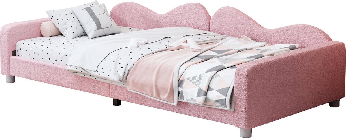 Merax Teddy Stof Gestoffeerd Kinderbed 90x200 cm - Bed voor Kinderen - Slaapbank - Bedbank - Roze
