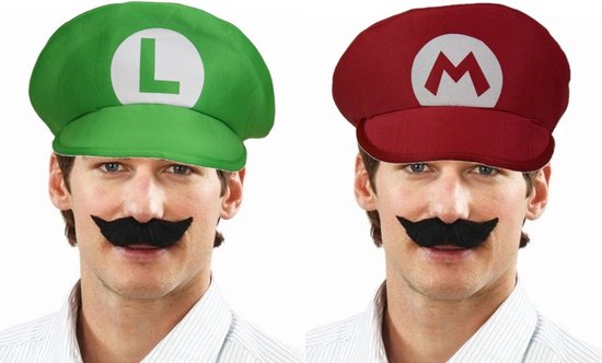 Foto: Loodgieter mario en luigi verkleed set pet en snor groen gamer verkleed accessoires