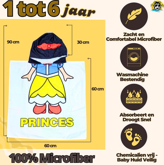 BoefieBoef Kinder Badponcho - Baby Badcape - Microfiber Kleuter Badjas Met Capuchon - Kerst Cadeau - Peuter Strandponcho Voor Kinderen tot 6 jaar - 60x90cm - BSneeuwwitje Prinses Wit Sprookje - meisje - Peuter - Zomer - Strandlaken - Surfponcho van BoefieBoef — afbeelding 2