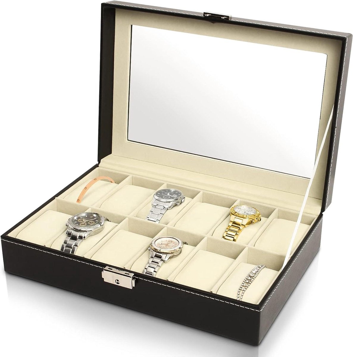 Watch and Bracelet Storage Case - Size 30 x 20 x 8 cm - MDF - 12 Watches Display Black-Beige