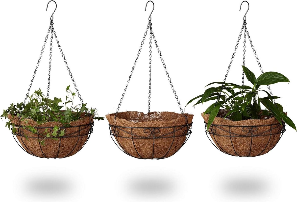 Plantenhanger Planthanger Set van 3 Kokos 3.3 Liter Bloempot Hanger voor Tuin Diameter 35 cm Hanging Basket Bruin