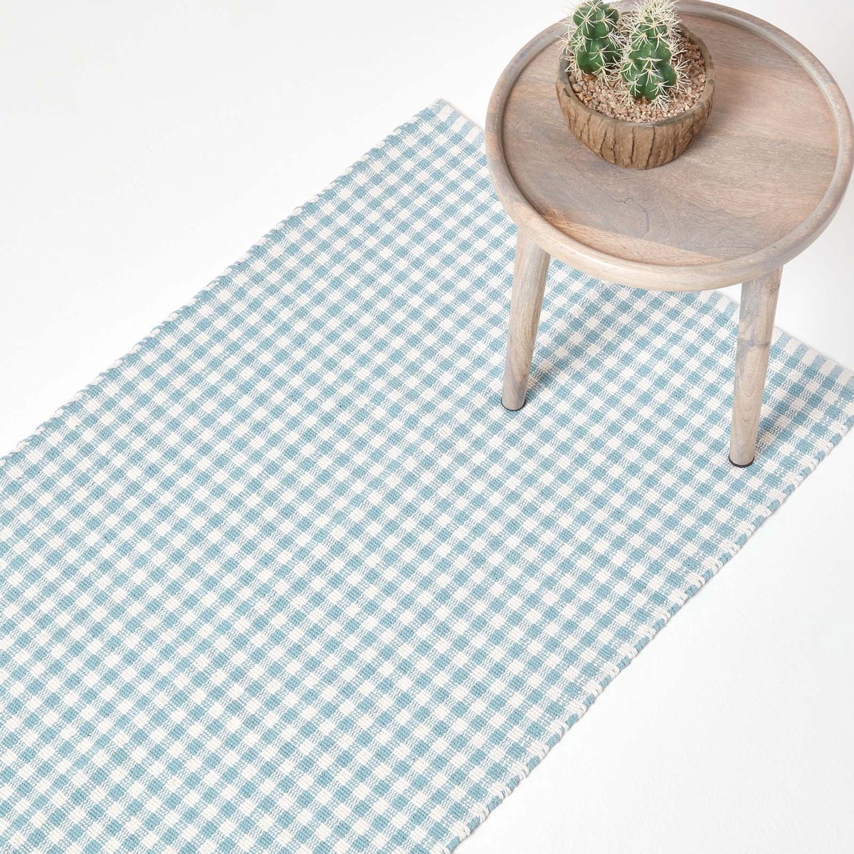 Homescapes katoenen tapijtloper blauw en wit geruit - Vichy ruit, 66x200 cm