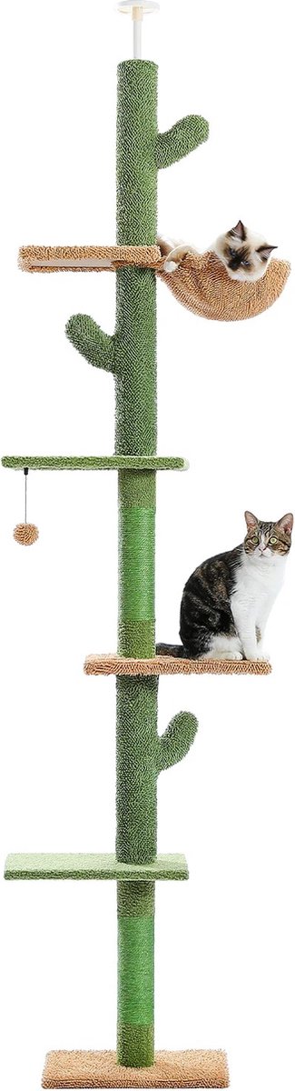 Whoopr® Cat Tower – 5-Laags Kattenboom van Vloer tot Plafond – Cactus Hoge Klimboom met Krabpaal, Hangmat en Bungelende Bal voor Binnenkatten – Krabpaal – 229 tot 275 cm Hoog