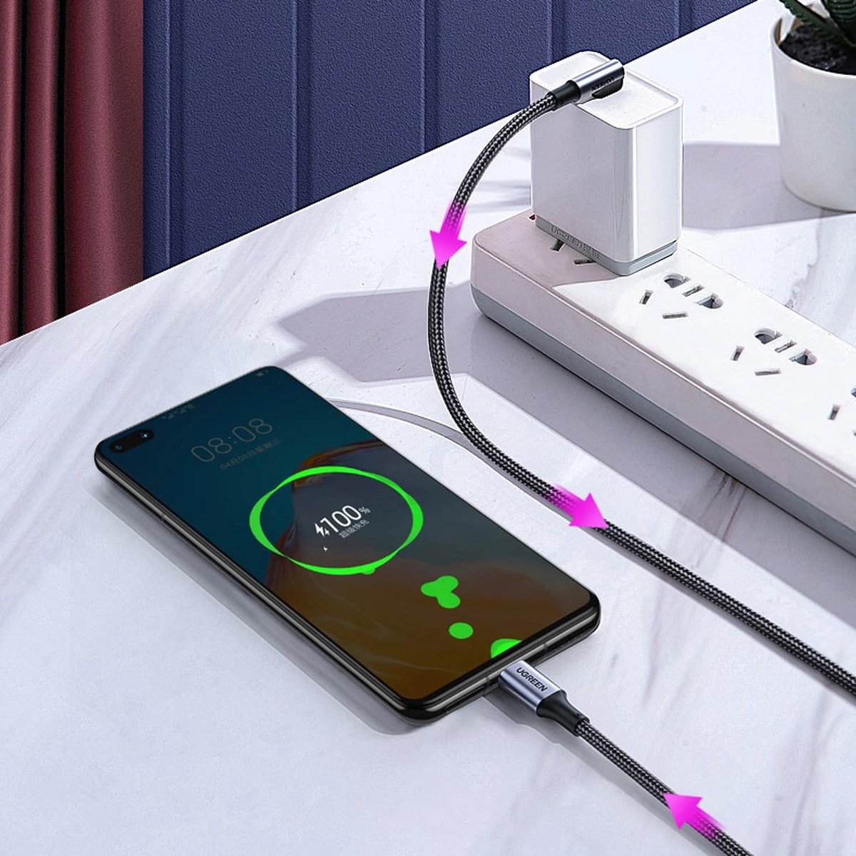 100W USB C naar USB C Kabel Haaks 90° Nylon Gevlochten Snellader PD 3.0 PPS iPhone 15 Pro Max MacBook Pro Galaxy S24 - Afbeelding 2