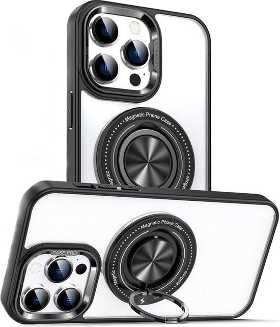 BixB hoesje geschikt voor iPhone 15 Pro Max Magsafe Transparant hard backcover met Draaibare Ringhouder - Zwart