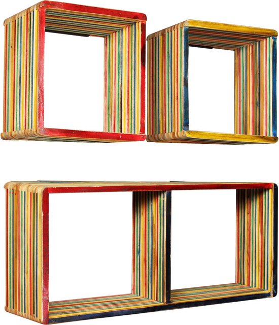 Ensemble d'étagères murales The Living Store - Bois de teck recyclé - Multicolore - 81 x 22 x 41 cm et 31 x 22 x 31 cm - Comprend 3 étagères et 3 supports de montage