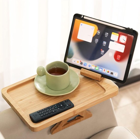 Sofa Armsteun Lade - Stoel tafel voor bank of stoel, opvouwbare bamboe armleuning, flexibele houten tafel voor het gemakkelijk eten en vasthouden van dranken, antislip (Cherry