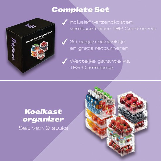 Een set van 9 transparante koelkast organizers gevuld met fruit en babyvoeding.