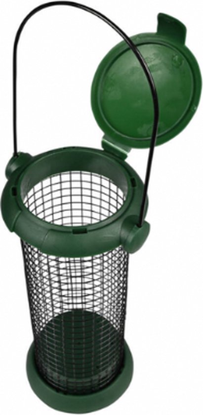 Groene, lege vogelvoerhouder van gaas met een deksel dat openstaat en een handvat.
