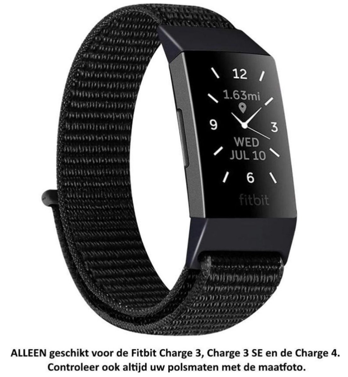 Zwart Nylon Bandje geschikt voor Fitbit Charge 3 - Charge 3 SE - Charge 4 - Maat: zie maatfoto - black nylon smartwatch strap - Polsbandje - Horlogeband - Polsband - Armband