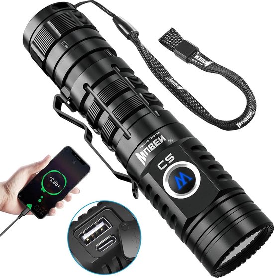 WUBEN L1 LED Zaklamp Oplaadbaar Type-C, Extreem Helder 2000 Lumen, Tactische Zaklamp Werkt op Batterijen, 6 Modi, IP68 Waterdicht, voor Outdoor en Noodgevallen, Camping