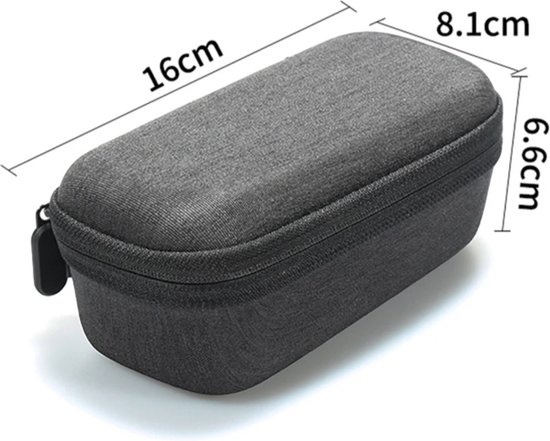 Gesloten grijze draagtas voor Insta360 X4 met afmetingen: 16cm x 8.1cm x 6.6cm.