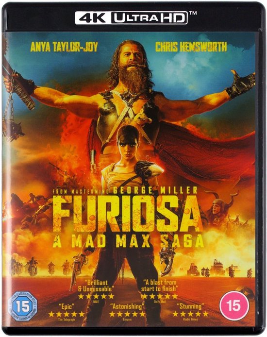 4K Ultra HD Blu-ray hoes van Furiosa: A Mad Max Saga met Anya Taylor-Joy en Chris Hemsworth, filmtitel en artwork.