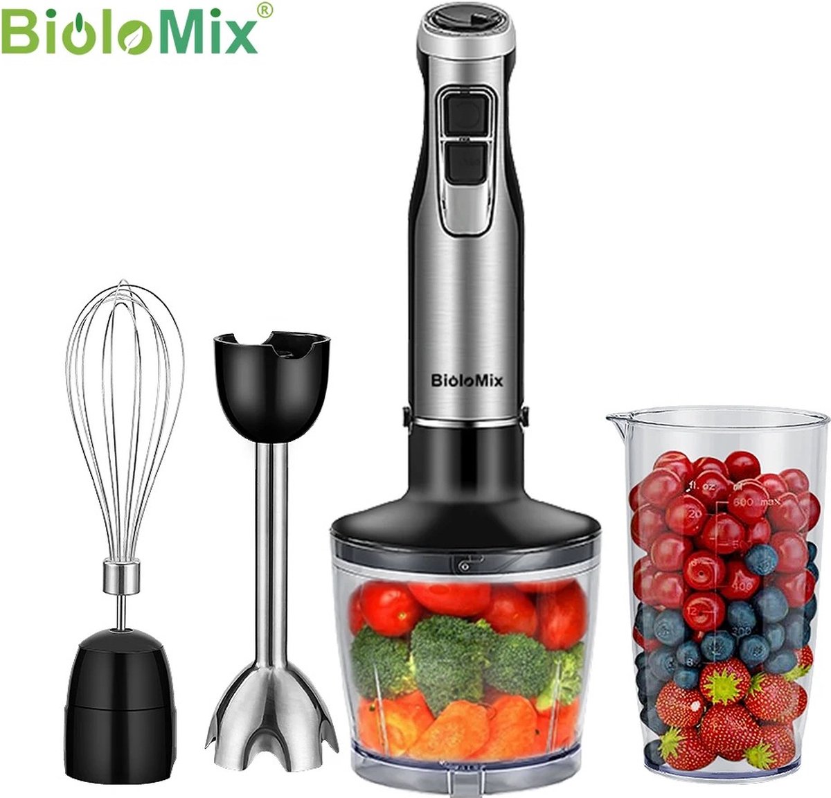 Biolomix TwindleShop BioloMix Staafmixers 4 In 1 Staafmixer Set Handmixer 1200W Elektrische Onderdompelingsmixer Inclusief Slijpmachine En Beker Roestvrijstalen Ijsbladen