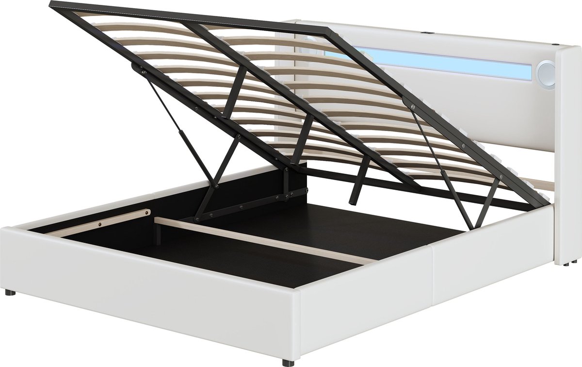 Merax Gestoffeerd Bed 160x200 - Multifunctioneel Bed met LED-Licht en Bluetooth-Player - Kunstleer - Met USB-Laadfunctie - Met Lattenbodem - Wit